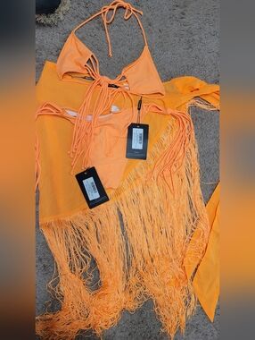 PrettyLittleThing 3 Piece Bright Orange Bikini Set with Cover Up